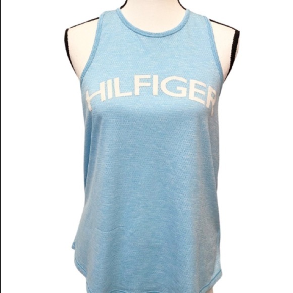 TOMMY HILFIGER Tank Top Spellout Logo Perforated Athletic Size Medium Blue - Picture 1 of 5